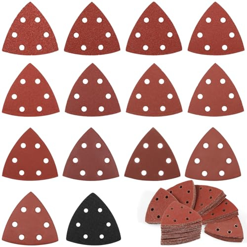 JUNFEIFLUX 195 Pièces Papier Abrasif pour Ponceuse, 6 Trous Triangles de Ponçage, 93x93x93mm Papier Ponceuse Triangulaire(Grain 40/60/80/100/120/150/180/240/320/400/600/800/1000)
