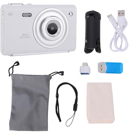 NOENNULL 4K 64MP Digitalkamera för Fotografering med Autofokus Dual Camera16X Zoom Kompaktkamera för Tonåringar Vuxna, Bärbar Kamera med 16GB Kort för Resor, Vandring (Vit)