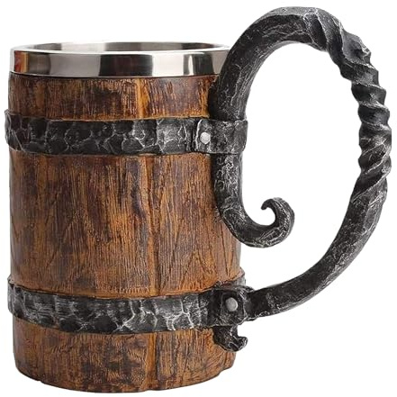 Boccale da birra in stile vichingo in legno, grande boccale a doppia parete in acciaio inox con manico, regalo antico per uomini, ideale per bar e ristoranti, decorazione rinascimentale, bicchieri