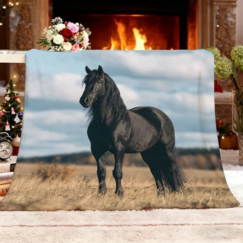 Kuscheldecke Flauschig Decke - Fleecedecke 180x200 cm XXL 3D Hohe AuflöSung Grasland Pferd Warme Sofa Decke, Kuschlige Wohndecke Schwarz Weich Wohnzimmer Blanket Couchdecke für Winter