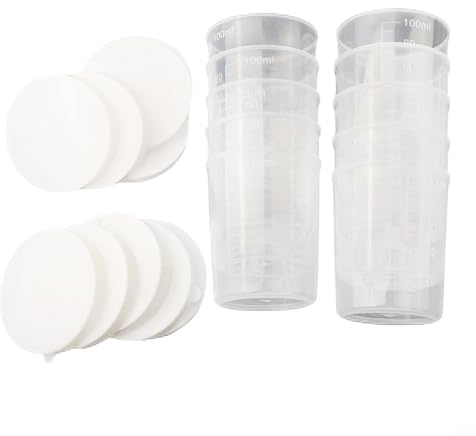 Lot de 10 gobelets doseurs en plastique transparent de 100 ml avec couvercles blancs pour liquides et échantillons pour cuisine et laboratoire