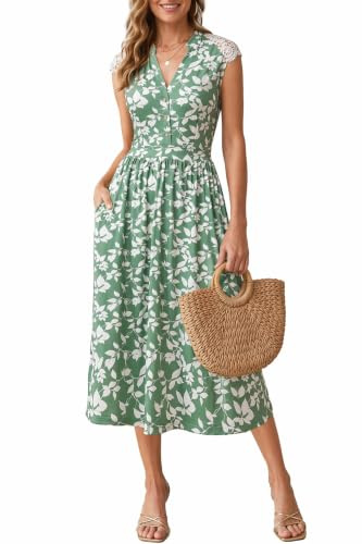 Newshows Summer Dresses for Women V Neck Lace Sleeve Midi Dress Ladies A Line Sundress with Pockets Floral Green White,L