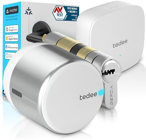 tedee GO2 Alu Cerradura Inteligente con WiFi y Bluetooth, Electrónica Kit con Cilindro Exxo Smart 31-62/31-62mm y Bridge, para Acceso Remoto y Desbloqueo Automático, Compatible con Alexa Google Matter