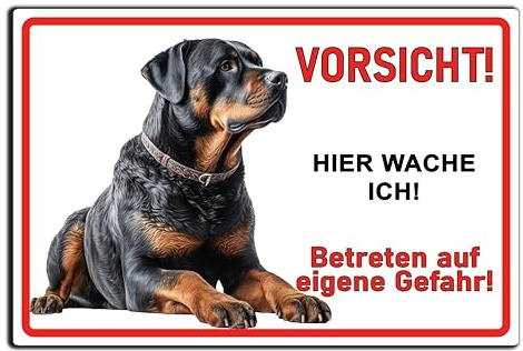 Schild Hund Rottweiler – Hundeschild Warnschild Vorsicht Hier wache ich! – für Haustür, Eingang, Garten & Grundstück - Aluverbund wetterfest (22,5x15 cm, Motiv 3 – Rottweiler sitzend-wachsam)