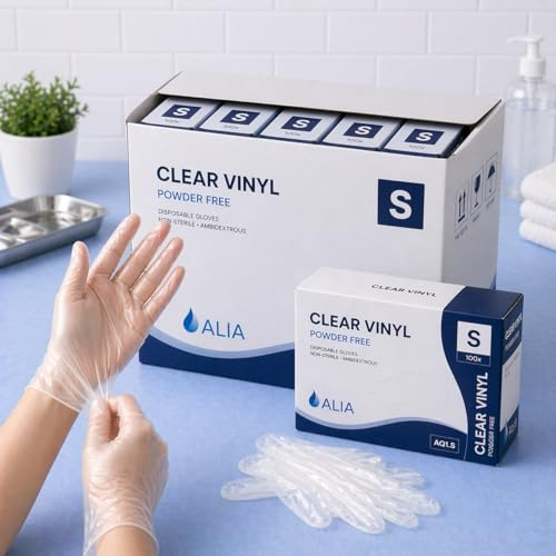ALIA 1000 x Disposable Clear Vinyl Powder-Free Gloves | Size Small | | Soft and Flexible | Powder-Free Comfort | Clear Vinyl | Easy On & Off | Size Small | Cleaning & Care Duties | 10 Packs of 100