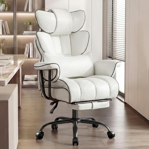 Ckaff Bürostuhl Chefsessel Ergonomisch, Gaming Stuhl aus PU Leder, Bürostuhl 200kg mit Fußstütze und Lendenwirbelstütze, Schreibtischstuhl mit Verstellbarer Rückenlehne (Weiß)