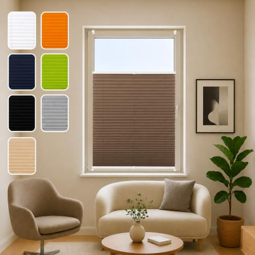 ondeco® Plissee ohne Bohren 80x210 cm braun | Blickdicht, Sichtschutz für Fenster & Tür | Easy-to-fix