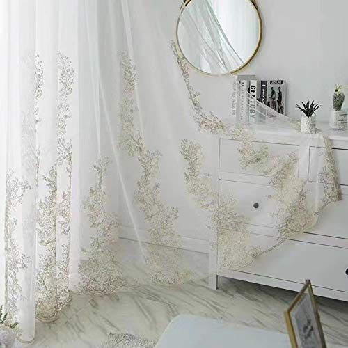 Lactraum Cortina para Ventanas, Salón, Dormitorio, Estilo Vintage de Patio, Bordada, Flores, Voile con Banda Universal, 100 x 245 cm