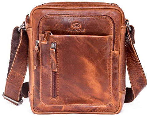 ALMADIH kleine Leder Umhängetasche Herren 9.7 Zoll iPad – FINN Braun Deluxe Kompakte Leder Reisetasche Herren Ledertasche fürs Alltag Messenger Schultertasche Freizeittasche City Bag Tablet (FINN BD)