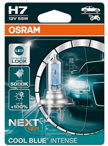 Osram COOL BLUE® INTENSE H7, +100% mehr Helligkeit, bis zu 5.000K, Halogen-Scheinwerferlampe, LED-Look, Einzelblister (1 Lampe)