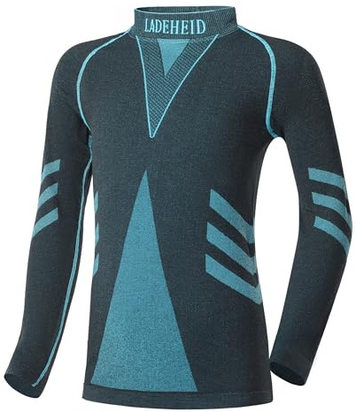 Ladeheid Thermounterwäsche Kinder Funktionsunterwäsche Thermoaktives Langarm Shirt Skiunterwäsche LAGI007 (Schwarz/Turquoise, 158-164)