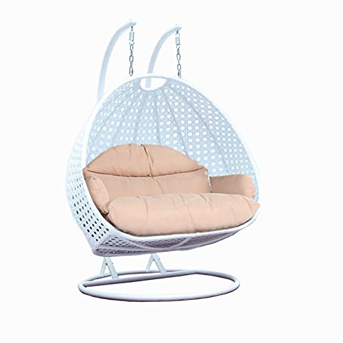 Island Gale Luxury Comfort 2 Person Outdoor, Patio, Hanging Wicker Swing Chair (X Large-Plus, White Wicker with Latte Cushion WF)
