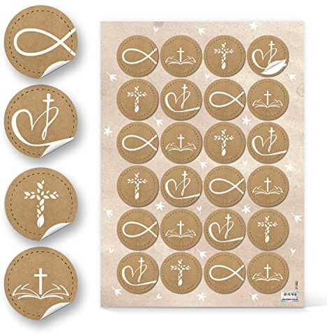 Logbuch-Verlag 24 Aufkleber mit christlichen Symbolen Fisch Kreuz Herz - Symbolaufkleber Kraftpapier für Kommunion Firmung Konfirmation