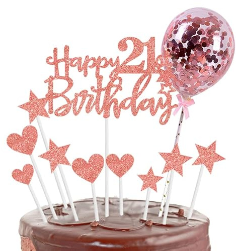 Personalised Happy Birthday Rose Gold Cake Toppers for Her, Girl, Women, 11p Glitter Cupcake Decorations