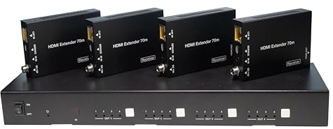 FOURKAY 4x4 4K over CAT 6/7 Ethernet Matrix Switch with 4 PoE Receivers and 4 Mirrored HDMI Outputs. 4K to 1080p Downscaling options. Matrixed IR.