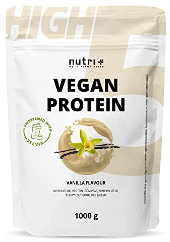 Nutri + Vegan Protein Vanille 1 kg - Veganes Proteinpulver ohne Sucralose + Soja - Eiweißpulver aus Reis, Erbsen, Hanf, Buchweizen und Kürbiskernen