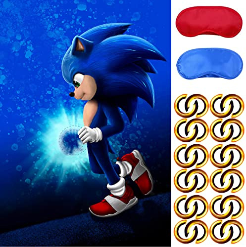 XIAOMA Sonic Birthday Party Supplies, Pin The Rings on Hedgehog, Party Games for Boys Girls Fans, Large Poster 24PCS Stickers for Blue Hedgehog Game Birthday Party Favors Decorations