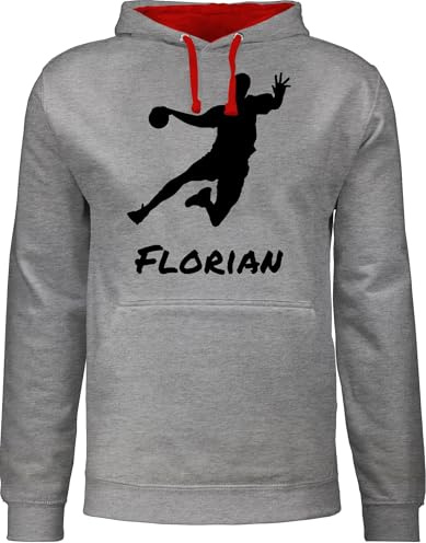 Geschenk mit Namen personalisiert by Shirtracer - Pullover Herren Frauen Hoodie Kontrast zweifarbig - Geschenke Handball Zubehör - Handballer Silhouette mit Name