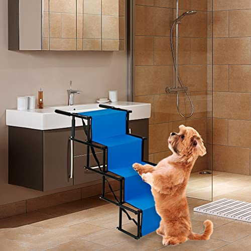 Hundetreppe Auto 4 Stufen Hundeautorampe Klappba Hunderampe Tragfähigkeit, Einstieghilfe Hunderampe Auto Klappbar, Haustiertreppe Leiter 4 Stufen, bis 75 kg Belastbar,bleu