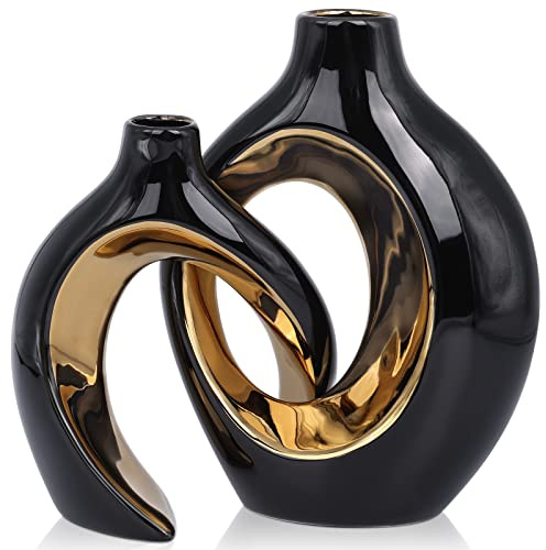 XIAOMAGG Keramik Vase，2er Set Hohle Weiße Moderne Vasen für Nordisches, Vasen Deko, ästhetische Boho Blumenvase für Zuhause, Wohnzimmer, Büro, Bauernhaus, Couchtisch Dekoration(Schwarzes Gold)