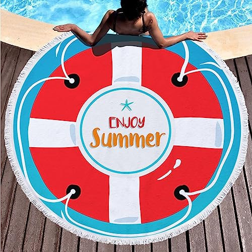 Lieson Mikrofaser Strandtuch Rund, Badetuch Strandlaken Handtuch 150x150CM Sandfreie, Schnell Trocknende, Leichte Stranddecke Rettungsring Rot Blau Weiß Tragbares Saunatuch Badehandtuch