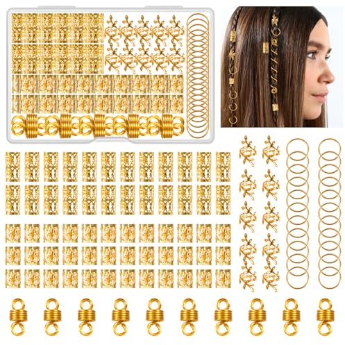 Kieswan 100 Stück Dreadlocks Schmuck Wikinger Haarschmuck Gold, Metall Haarringe für Zöpfe, Verstellbar Cuffs Haarperlen Haarspiralen für Braids Zubehör Dekoration