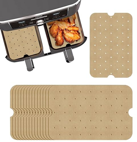 Voyyphixa 100 PCS Air Fryer Liners Rectangular Unbleached Parchment Paper Sheets Disposable Air Fryer Paper Liners Perforated Paper Sheets Basket Liner for Baking Cooking Toaster Oven (100PCS)