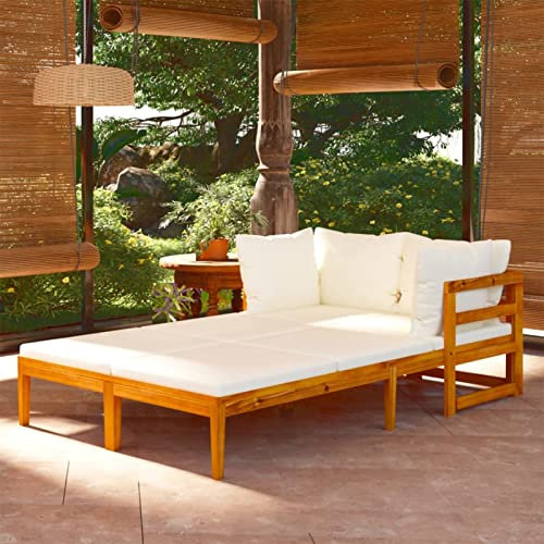 Homgoday Sonnenliegen mit Kissen creme 2 Stück Akazienholz, Sonnenliegen, Sofa Bett Möbel, Gartenliegen, Poolliegen, Sonnenliege für den Garten