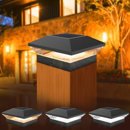 T-SUNUS Pfostenleuchte Solar, Pfostenkappen Solar 9x9 10x10, IP65 Wasserdicht Pfostenlampen Pfostenlichter für Zaunpfosten Hölzerne Pfosten Plattform 4 Stück Warmweiß + Kaltweiß