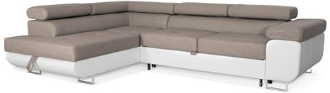 SOFILAND Ecksofa Aller L-Form mit Schlaffunktion und Bettkastenin in Beige, Weiß Kunstleder, Linke Ottomane