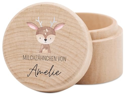 wunderwunsch® - Milchzahndose personalisiert aus Holz mit kinderfreundlichem UV-Druck - Zahndose Milchzähne als Erinnerung an die ersten Zähnchen (Reh)
