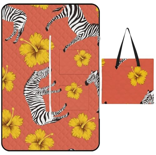 ducanll Cartoon-Zebra-Picknickdecke, tragbar, mit Tragegurt, 150 x 100 cm, Blumenmuster, Stranddecke, wasserdicht, sanddicht, für Familie, Outdoor, Camping, Gras, Konzert, 2 Packungen