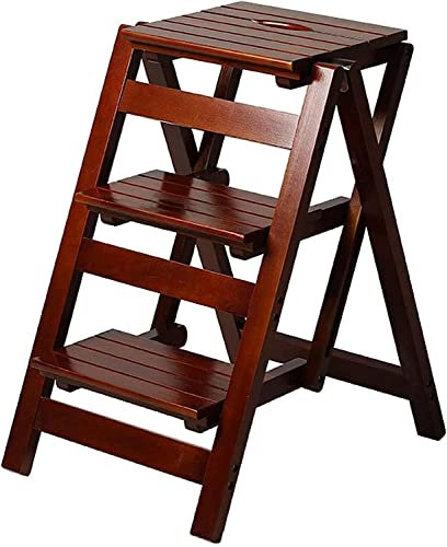 SZITW Klappbarer Bibliotheksleiterstuhl aus Holz, 2-in-1, Leichter tragbarer multifunktionaler Tritthocker, 3-Stufen-Hocker, Trittleiter mit doppeltem Verwendungszweck für zu Hause