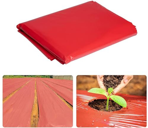 Membrane de jardin, 1,2 x 7,6 m - Film de paillis rouge pour plantation de jardin, membrane désherbante - Feuille réfléchissante à la chaleur pour serre, tomates, fraises, pastèques, carottes