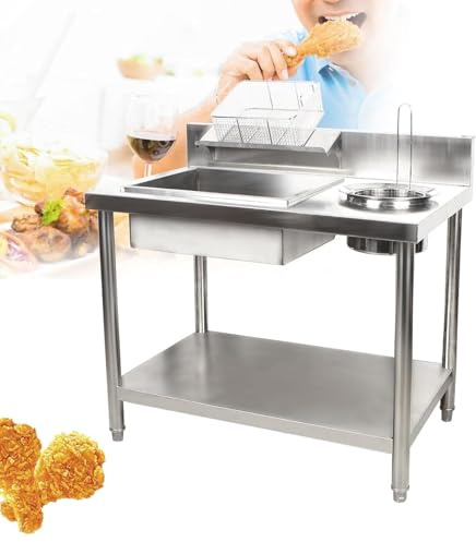 Fried Chicken Breading Table, Commercial Food Prep Breader Station Stainless Steel Fried Food Prep Breading Station with Stainless Steel Containers and Baskets Perfect for Kitchen Restaurant Business