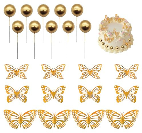 12 Decorazioni A Farfalla Per Torta, 10 Inserti Di Palline Dorate, Decorazioni Per Cupcake, Torta Decorativa A Farfalla Cava, Accessori Per Decorazioni Per Feste