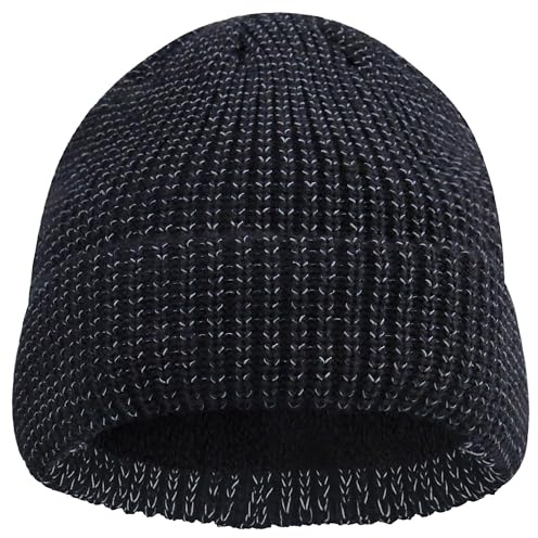 babalet Reflektierende Wintermütze für Damen, Herren, Erwachsene, Sichtbarkeit, gestrickt, Polarfleece, gefütterte Kappe für draußen bei Nacht, 1 Stück, Schwarz
