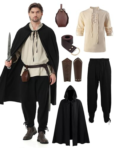 Dzorim Disfraz Medieval Renacentista Hombre Conjunto de Ropa Medieval Traje Renacentista Disfraz de Vikingo con Camisa Pirata Pantalones