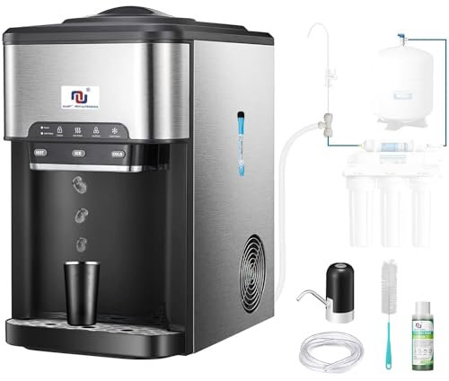 NUNET 3-in-1 Ice Maker Water Dispenser Water Cooler Filled by Water Line w. 10ft Water Inlet Hose 1/2 &1/4 Connector Hot/Cold Water Ready Makes 44 lbs Ice Daily Stores 4lb Ice