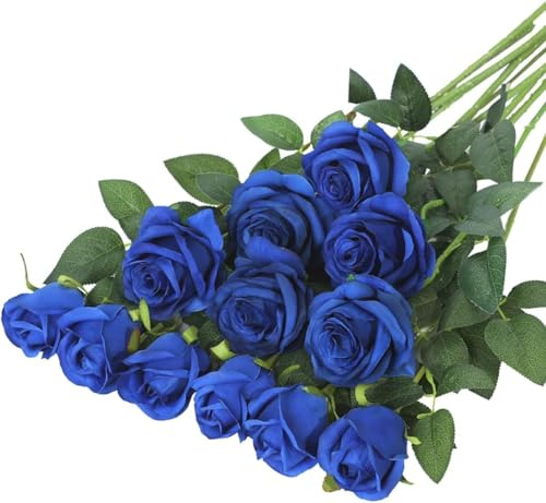 VIDSTW 12 Stück Künstliche Rosen 52cm Kunstrosen Lebensecht Künstlich(Blau) | mit Grüne Blätter Fake Rosen Künstliche Wie Echt Blumenstrauß Künstlich für Zuhause Hochzeit Party Garten