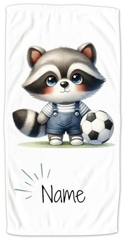 GRAZDesign Fußball Handtuch mit Namen personalisiert, Kinder Badetuch in Zwei Größen, Motiv Waschbär - 100x50cm