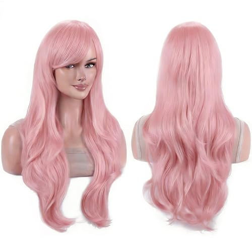 IMISSU 70cm långt hår vatten vågiga peruker med lugg cosplay kostym peruk (Ljusrosa)