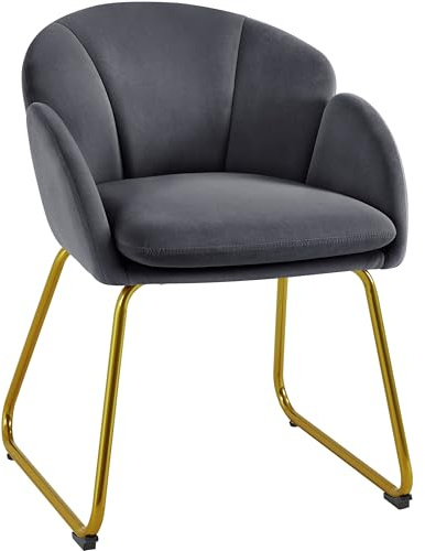 Yaheetech Sessel mit Blütenblatt-Rückenlehne, Ohrensessel modern für Schminktisch, Polstersessel mit Armlehnen, Lehnstuhl mit Metallbeinen Gold, für Wohnzimmer/Schlafzimmer Dunkelgrau/Polyester