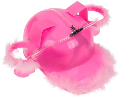MIJOMA Casco per bere a mani libere con fattore di divertimento, per feste, festival e carnevale, supporto regolabile per lattine e bottiglie, divertente gadget per feste (rosa con boa di piuma)