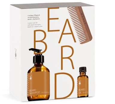 MÜHLE Beard Geschenkset - 3 tlg. vegan - 200 ml Bart-Shampoo, 30 ml Bart-Öl und Bartkamm aus Nussbaumholz