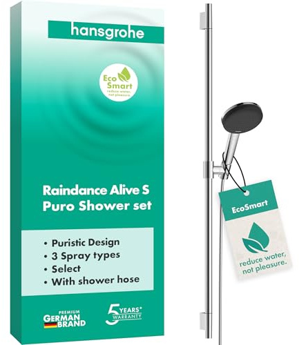 hansgrohe Raindance Alive Select S - Duschset mit Duschkopf wassersparend (EcoSmart, 3 Strahlarten inkl. PowderRain), Duschschlauch (1,60 m) und Duschstange (0,90 m), Chrom, 24603000