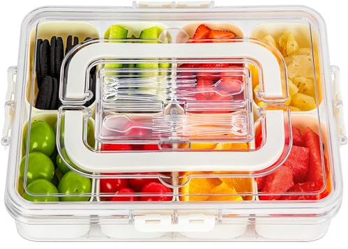 LDYOEN Snack Box Caja para Aperitivos con 8 compartimentos, Bandeja para aperitivos con tapa y asa, Plato para aperitivos para dulces, frutos secos, fruta, verdura, galletas y postres