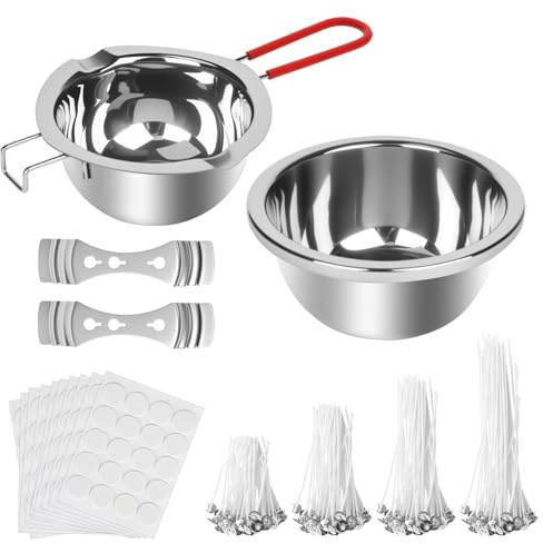 elthmpr Kit para Hacer Velas - 200 Mechas para Velas, 2 Recipiente para Derretir, 200 Pegatinas Mecha de Vela, 2 Soportes Mecha Metálicos, DIY Kit de Fabricación de Velas Perfumadas