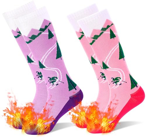 GRPSKCOS Kids Ski Socks, 2 Pairs Kids Warm Thick Snow Socks for Boys Girls Winter Skiing Snowboarding(04 Purple+Pink, 3-6 Years)