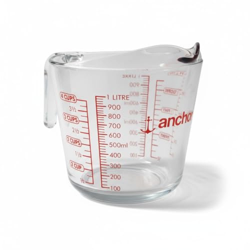 Chabrias Ltd 1 Litre Glass Measuring Jug – Clear Tempered Glass with Red Graduations in ml, Cups & Pints – Dishwasher Safe & Freezer Safe Kitchen 1000ml Measuring Cup (1)